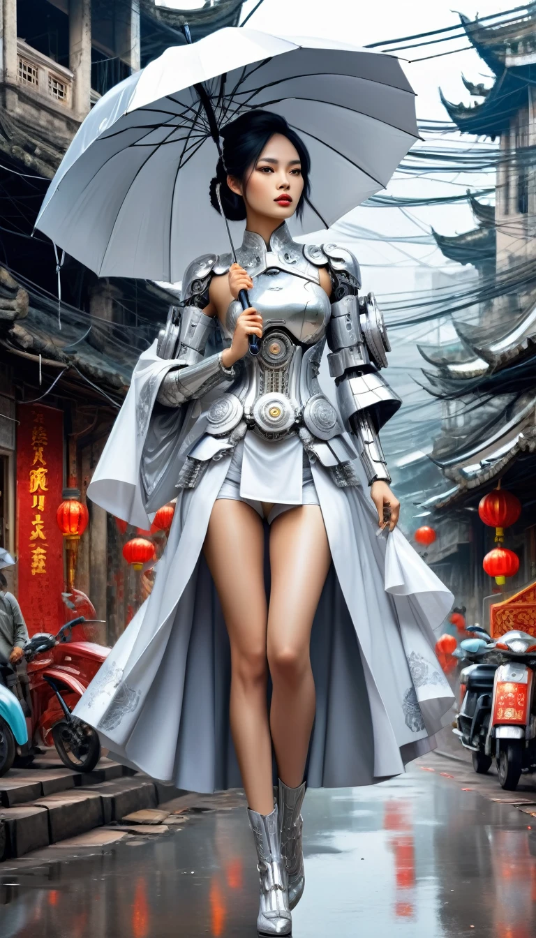 Intricate illustration in surrealist art style，mecha girl，Vietnamese woman, Cyborg in Vietnamese culture style, full background, Mecca of white and silver mix, holding an umbrella in vietnam