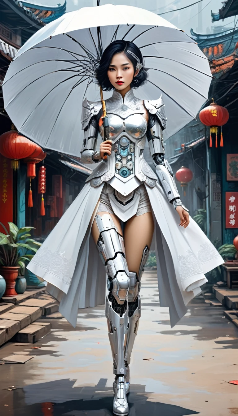 Intricate illustration in surrealist art style，mecha girl，Vietnamese woman, Cyborg in Vietnamese culture style, full background, Mecca of white and silver mix, holding an umbrella in vietnam