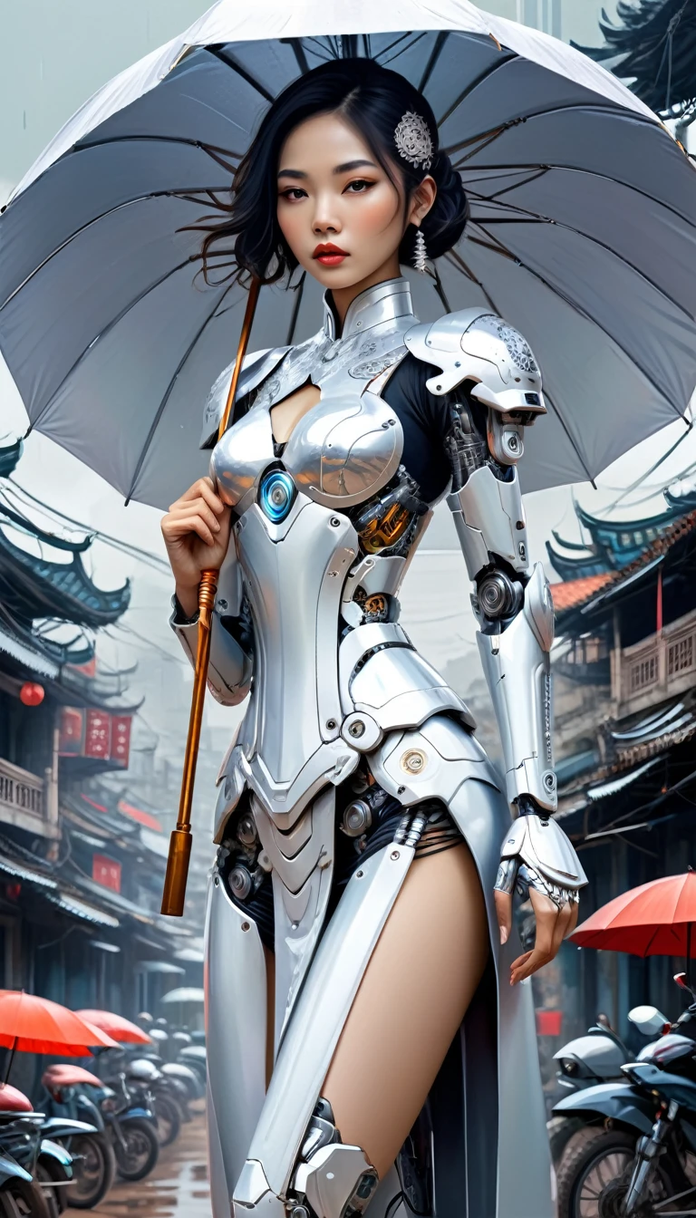 Intricate illustration in surrealist art style，mecha girl，Vietnamese woman, Cyborg in Vietnamese culture style, full background, Mecca of white and silver mix, holding an umbrella in vietnam