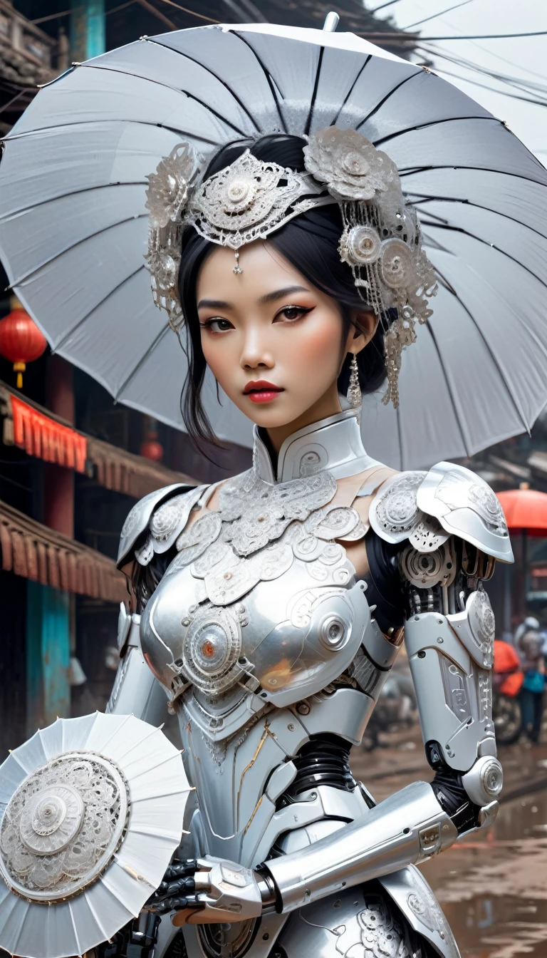 Intricate illustration in surrealist art style，mecha girl，Vietnamese woman, Cyborg in Vietnamese culture style, full background, Mecca of white and silver mix, holding an umbrella in vietnam