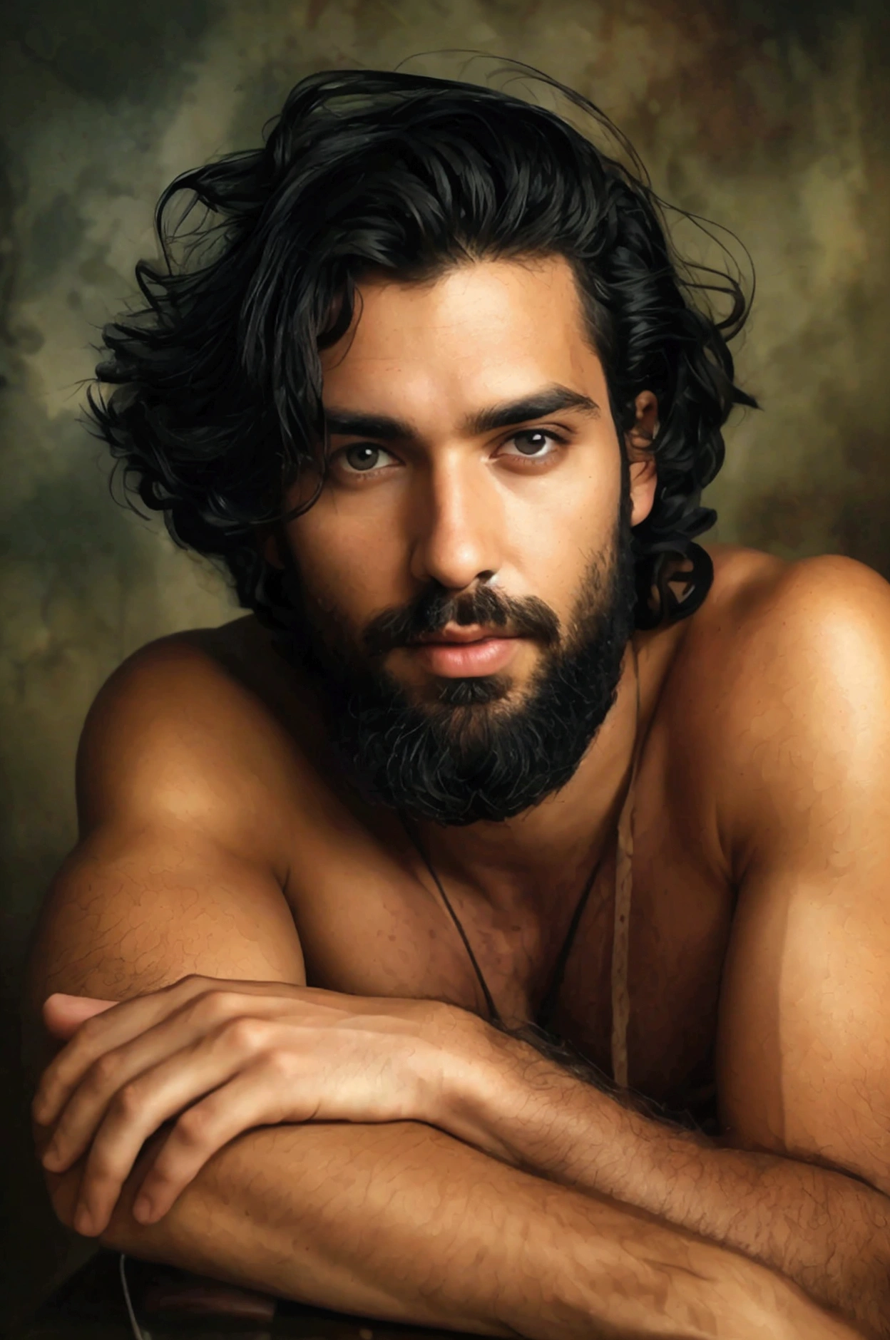 photograph of a beautiful man with black curly hair and a beard, he is naked, he is sitting sideways on a chair, leaning over a bench, professional photography, sensual gay shoot, photography with studio lighting in a dark environment, high resolution