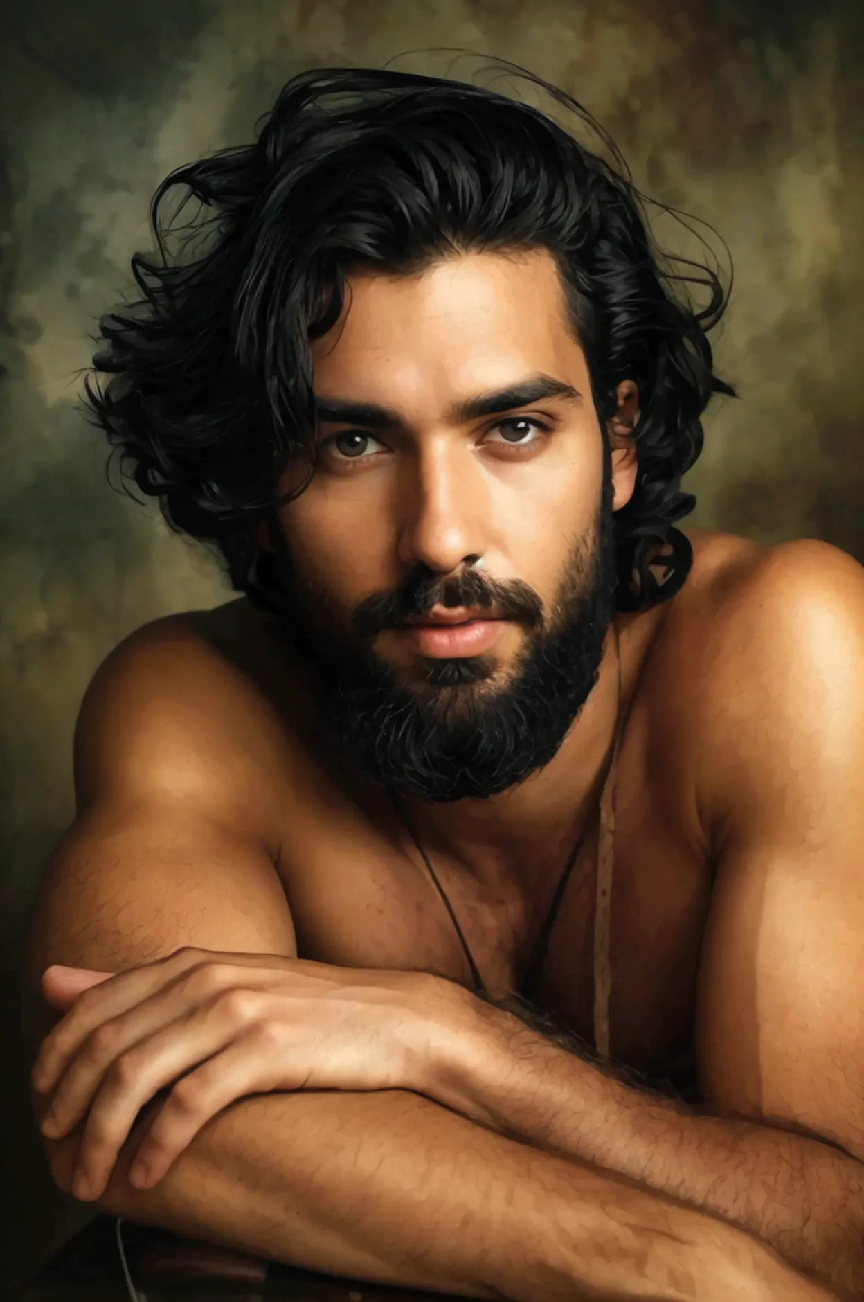 photograph of a beautiful man with black curly hair and a beard, he is naked, he is sitting sideways on a chair, leaning over a ...