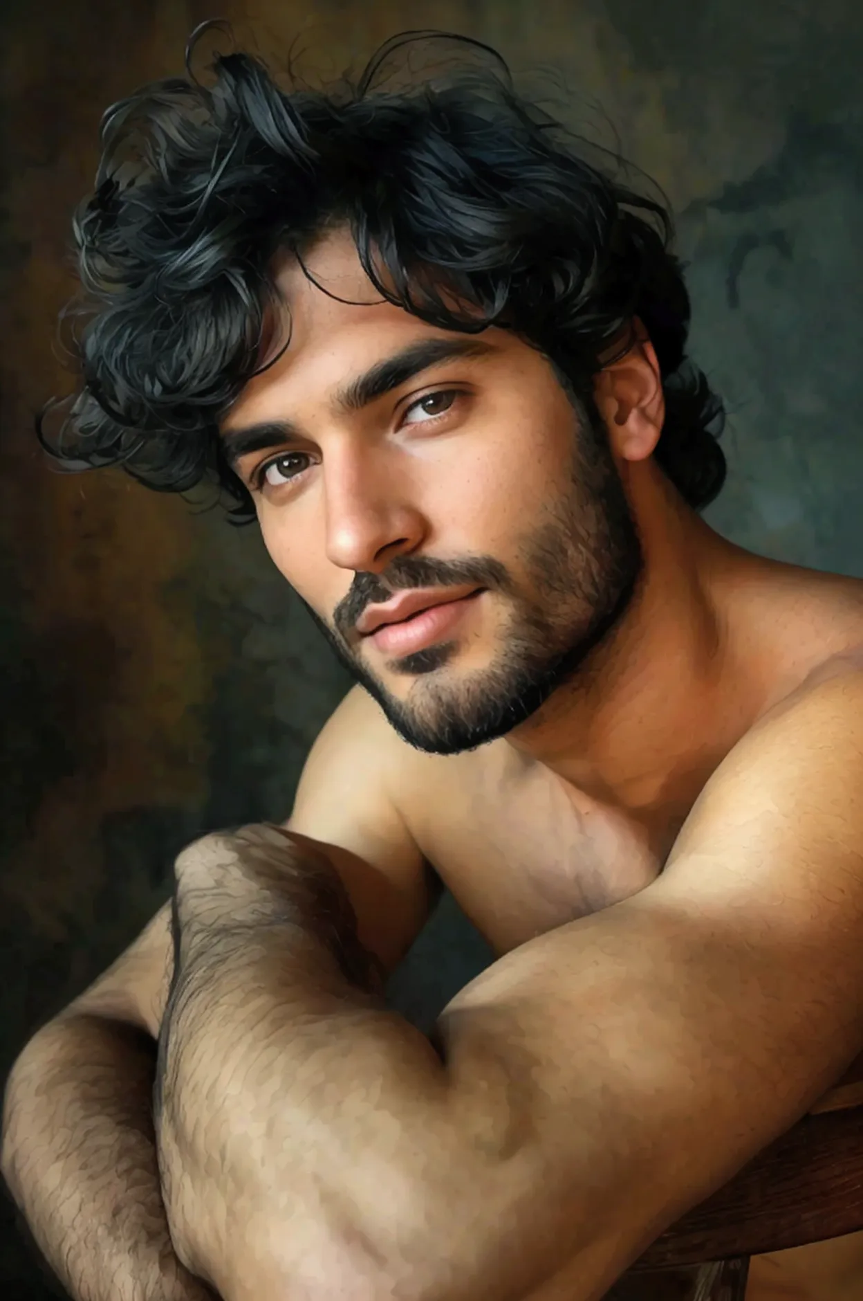 photograph of a beautiful man with black curly hair and a beard, he is naked, he is sitting sideways on a chair, leaning over a ...