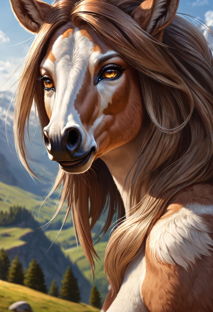 Anthropomorphic centaur.  Official Art – Charecter profile. An Award-Winning Digital Masterpiece In 4K Ultra HD, Extreme Detail And Intricate Realism. Symmetrical Face. This Concept Art Brought To Life By The Hands Of Artists Like Wlop & Artgerm In A Stunning 2D Vector Illustration.Background Is A Panoramic Vista.
