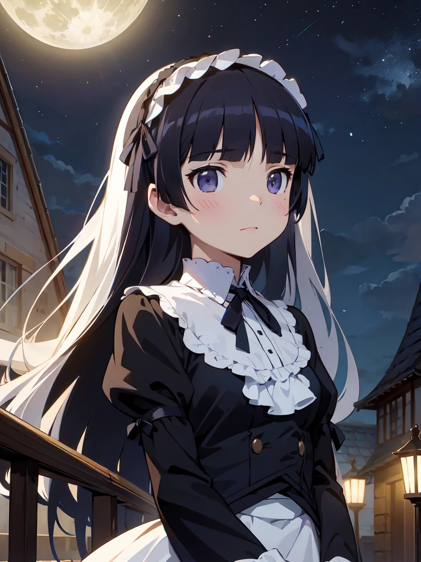 Movie Posters, full moon, Illuminated by moonlight, Romantic atmosphere, Starry Night, Fantasy, Light and shadow, Silence of the Night, Two people, secret, Soft Light, ephemeral, (ruri gokou), Hime cut, Long Hair, Gothic Lolita, Lolita Fashion, head band,