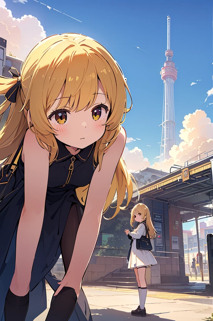 extremely detailed, 8k, highest resolution, (outdoor, old subway, train station, 1 teenage girl, standing on the ground, looking up to a tall tower,(sky golden day, clouds circling a tornado,) BREAK, (dynamic angle: 1.3, directly below, behind her, half shot: close up, 1.4, directly behind the girl's half body