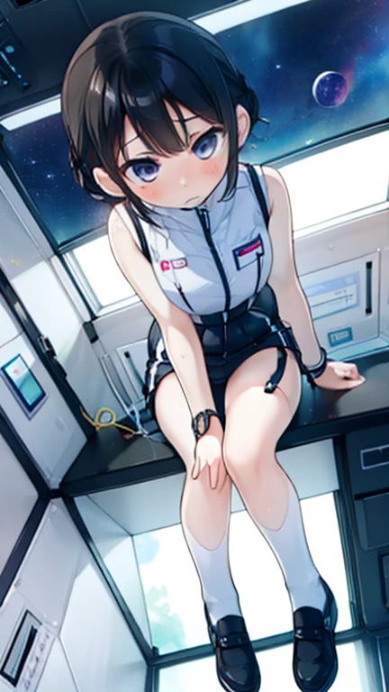 (Highest quality), (masterpiece), 1080P, High resolution, 4K, 8k, Inside the space station、Futuristic room、Thigh straps, Shooting from directly below, The woman on top of me, 白いSweat, Covered , Sweat, Woman looking down, Skirt swimsuit, Thigh-high socks, To achieve this, 16 years old, , whole body, Black leather shoes, Braided hair, Inner Color, Embarrassed face, Short black hair, bracelet, Bedroom,celestial body_Vest
