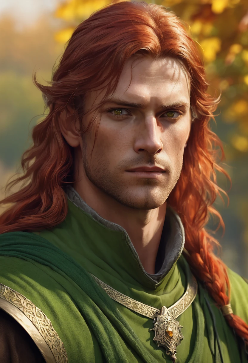 1 man, background is an autumn afternoon, wearing a simple green medieval male outfit, detailed facial features, male yellow eyes, detailed tanned skin, long red hair, scar on left eye, dramatic lighting, cinematic composition, light palette, warm colors, atmospheric haze, square jaw, soft face, , strong and handsome man, adult man, ultra realistic, profile picture, adult man (best quality, 4K, 8K, high resolution, art: 1.2), ultra detailed (realistic, photorealistic, photorealistic: 1.37)