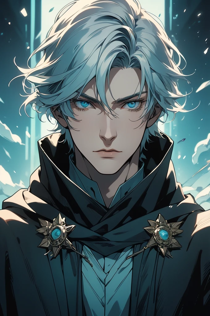 (masterpiece, 32k, 8k) very detailed image with manga effect, naturally handsome young man, pale skin, shoulder-length silver hair, deep cyan eyes, black and beautiful cloak, image focused on the character's face, character looking fixedly at the spectator, cynical expression