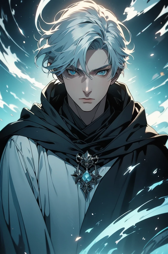 (masterpiece, 32k, 8k) very detailed image with manga effect, naturally handsome young man, pale skin, shoulder-length silver hair, deep cyan eyes, black and beautiful cloak, image focused on the character's face, character looking fixedly at the spectator, cynical expression