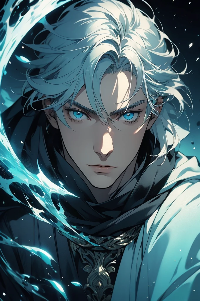 (masterpiece, 32k, 8k) very detailed image with manga effect, naturally handsome young man, pale skin, shoulder-length silver hair, deep cyan eyes, black and beautiful cloak, image focused on the character's face, character looking fixedly at the spectator, cynical expression