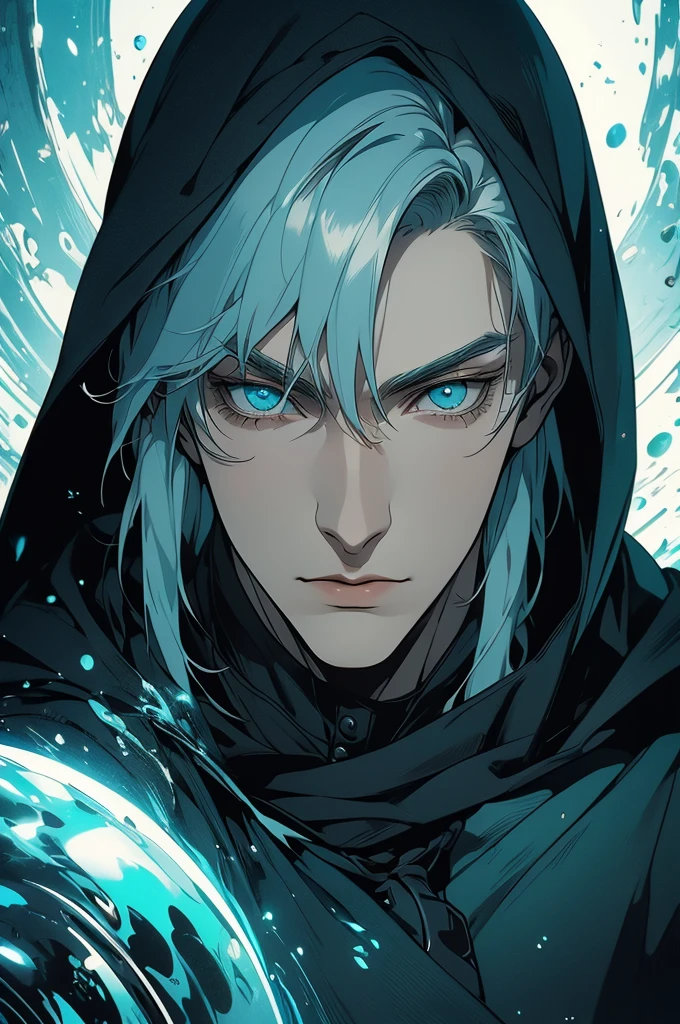 (masterpiece, 32k, 8k) very detailed image with manga effect, naturally handsome young man, pale skin, shoulder-length silver hair, deep cyan eyes, black and beautiful cloak, image focused on the character's face, character looking fixedly at the spectator, cynical expression