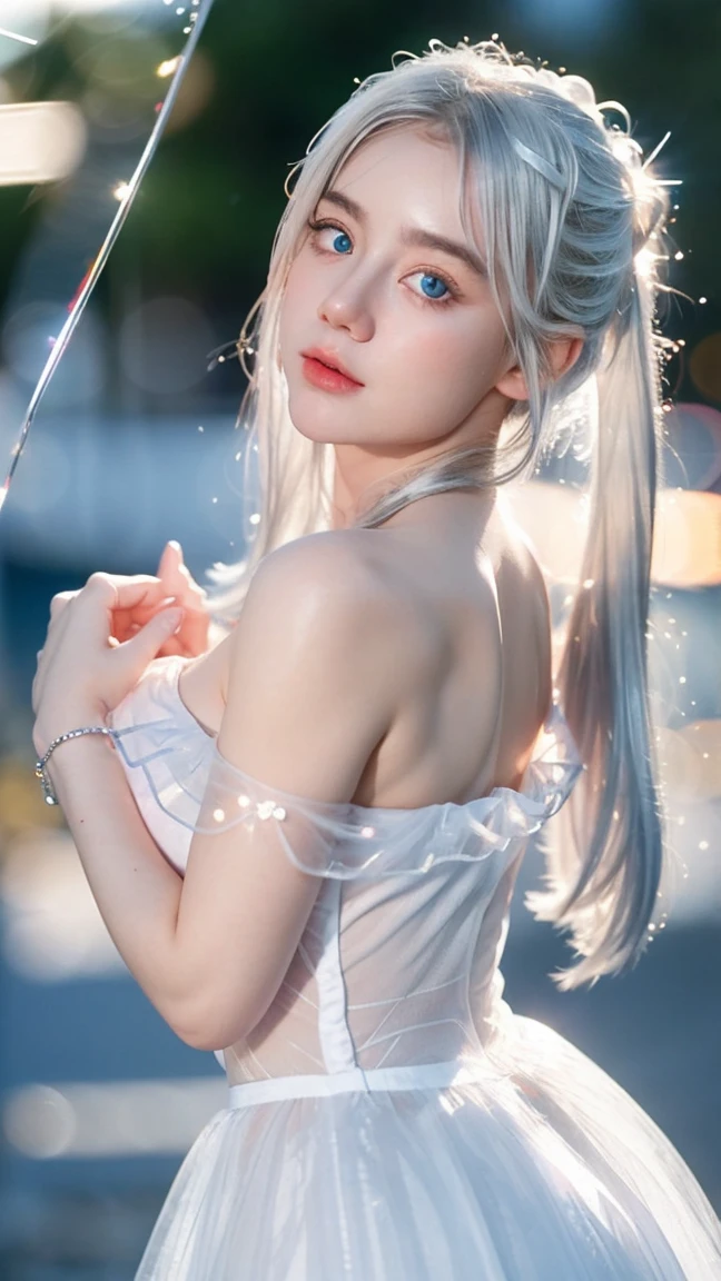 Georgeous, Beautiful, Cute, Baby Face, 18 Years Old, White Skin, Cleavage, ((Large Colossal Breast:1.3)), Sleeveless, Off Shoulder, Strapless, ((Transparent:1.3)), ((White Long Lolita Dress)), (Embroidery), Posing, ((Silver Hair)), ((Bright Blue Eye)), ((Muscles:1.3)), ((Bokeh:1.3)), Animal Farmer Background, Masterpiece, Twintails