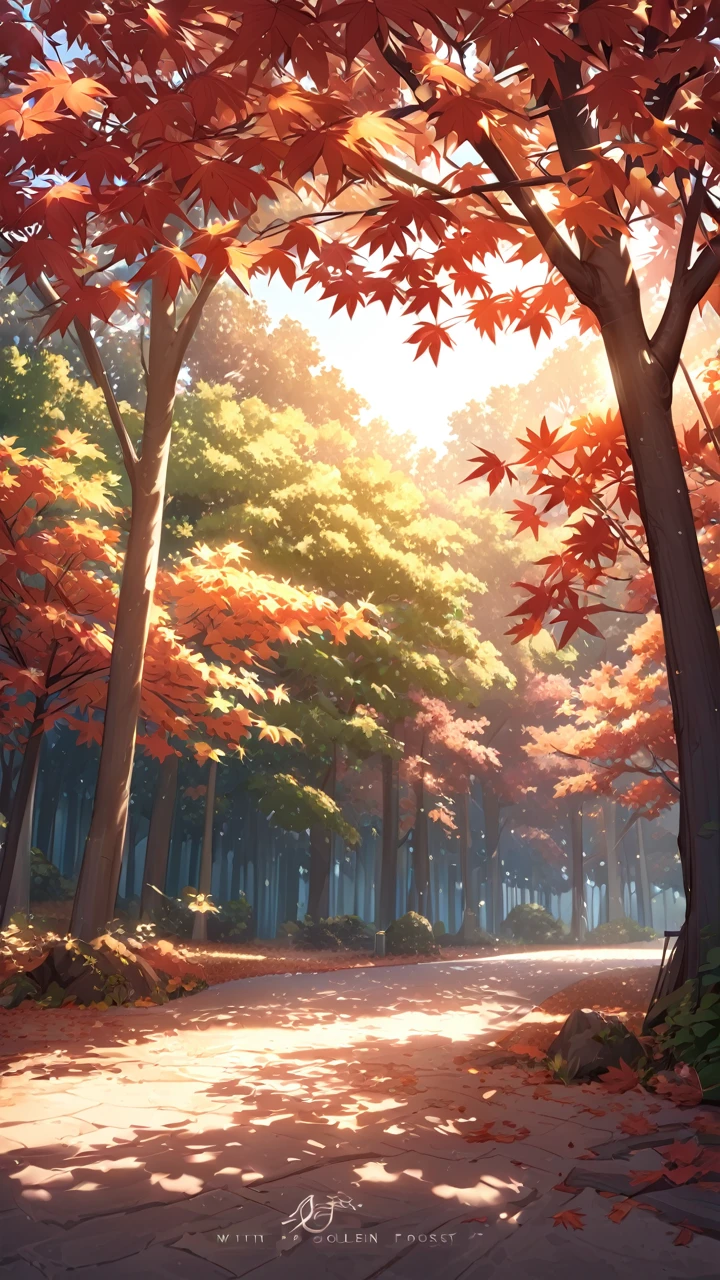 [Core Concept] A serene, sun-dappled maple forest.

[Character Description] N/A

[Environment/Background] The forest is filled with towering maple trees, their leaves aglow in the warm, golden light. The trees stand tall and proud, their branches casting intricate shadows across the forest floor.

[Style and Atmosphere] The scene exudes a sense of tranquility and natural beauty, with a warm, inviting atmosphere.

[Composition] The light appears to be cast from the right side, creating dramatic, angled shadows and highlighting the textures of the leaves. Soft, ethereal god rays of warm light filter down through the canopy, adding a touch of magic to the scene.

[Details and Embellishments] The leaves and branches of the maples are rendered in vivid detail, capturing the delicate veining and the subtle variations in their golden hues.

[Technical Specifications] N/A