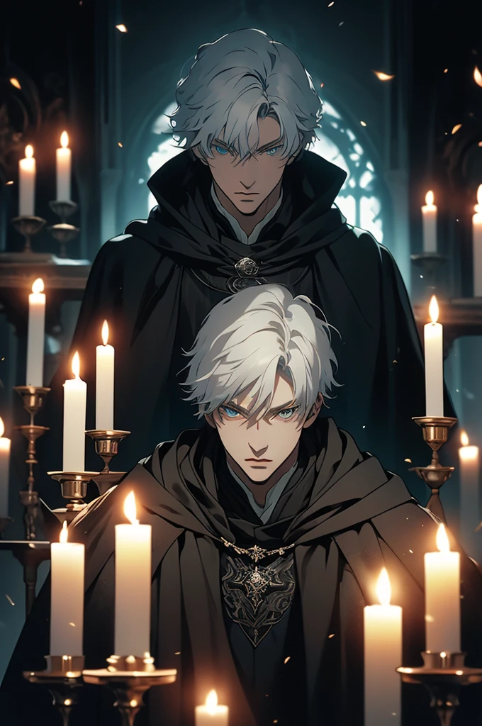 (masterpiece, 32k, 8k) very detailed image, naturally handsome young man, pale skin, shoulder-length silver hair, deep cyan eyes, (beautiful black cloak), image focused on the character's face, character looking fixedly at the viewer, cynical expression, dark background lit by candles