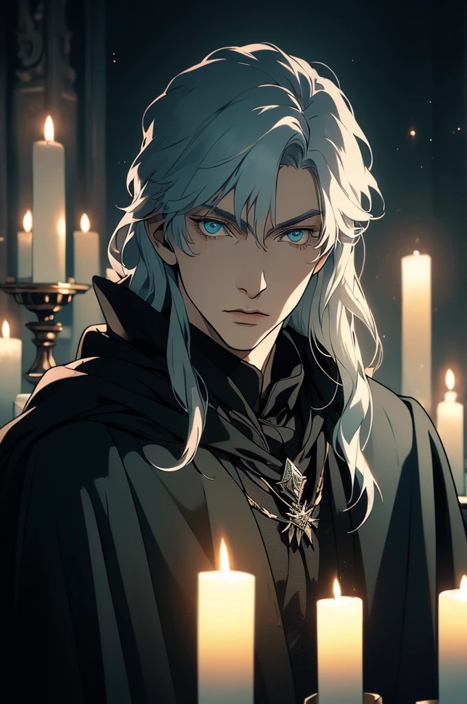 (masterpiece, 32k, 8k) very detailed image, naturally handsome young man, pale skin, shoulder-length silver hair, deep cyan eyes, (beautiful black cloak), image focused on the character's face, character looking fixedly at the viewer, cynical expression, dark background lit by candles