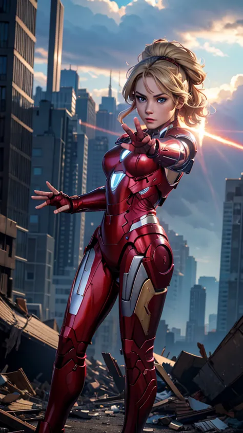 ironman, (marvel comics), marvel avengers, sexy girl, powerful, red classic sexy armor, broken armor, young, skynny body, small ...