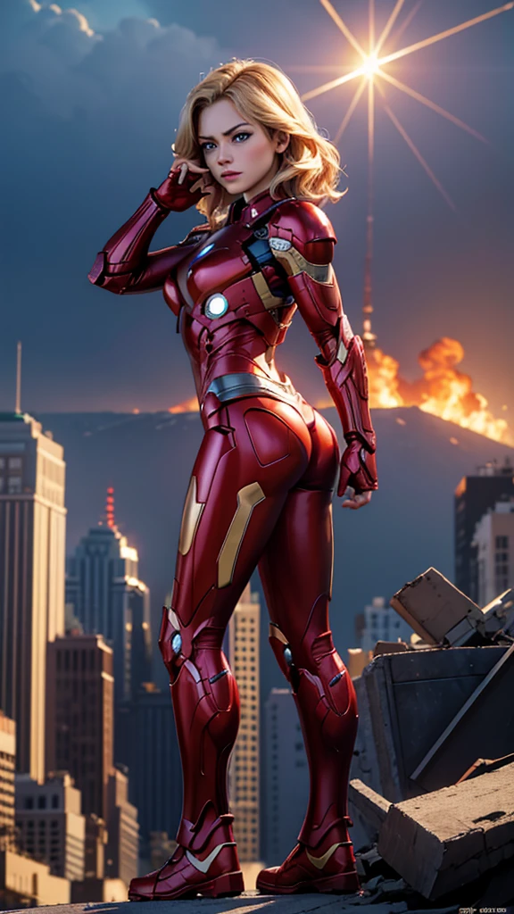 Ironman, (Marvel comics), Marvel Avengers, sexy girl, powerful, red classic sexy armor, broken armor, Young, skynny body, small and beautiful buttocks, toned abdomen, small and beautiful breasts, concerned, very sensual, she is flying in the sky, she is shooting energy rays with her hand, rocket propulsion at your feet armor, power center, planes, clouds, New York City on fire, destroyed buildings in the background, Dramatic background, many scared people, alien invasion, sensual look, Beautiful blue eyes, classic hairstyle,Hair dyed in bright blonde color, semidesnuda, best quality,4k,8k,A high resolution,masterpiece,Ultra detailed,realistic, Photorealistic,photo realistic, ultra realistic, gran definición,