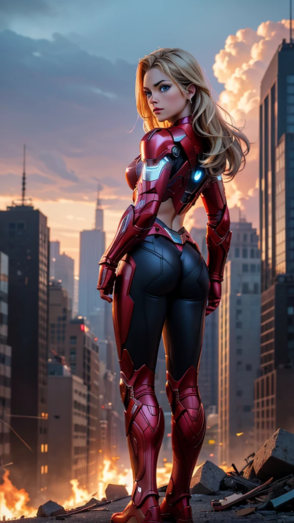 Ironman, (Marvel comics), Marvel Avengers, sexy girl, powerful, red classic sexy armor, broken armor, Young, skynny body, small and beautiful buttocks, toned abdomen, small and beautiful breasts, concerned, very sensual, she is flying in the sky, she is shooting energy rays with her hand, rocket propulsion at your feet armor, power center, planes, clouds, New York City on fire, destroyed buildings in the background, Dramatic background, many scared people, alien invasion, sensual look, Beautiful blue eyes, classic hairstyle,Hair dyed in bright blonde color, semidesnuda, best quality,4k,8k,A high resolution,masterpiece,Ultra detailed,realistic, Photorealistic,photo realistic, ultra realistic, gran definición,