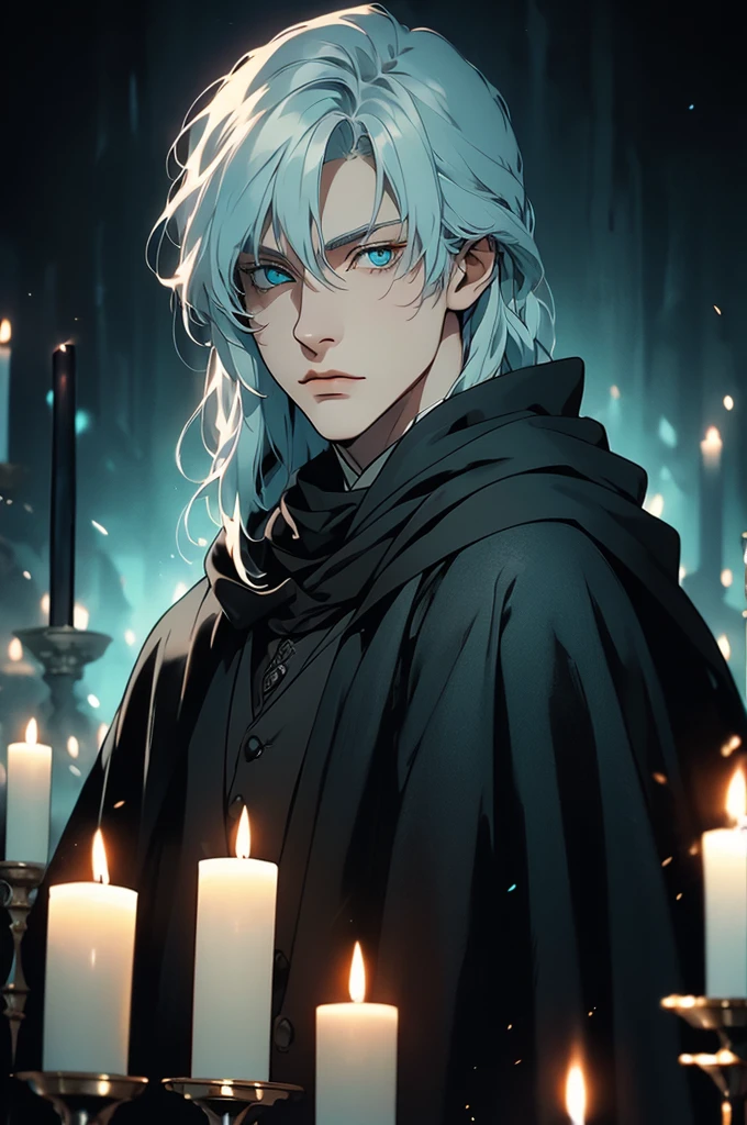 (masterpiece, 32k, 8k) very detailed image, naturally handsome young man, pale skin, shoulder-length silver hair, deep cyan eyes, (beautiful black cloak), image focused on the character's face, character looking fixedly at the viewer, cynical expression, dark background lit by candles