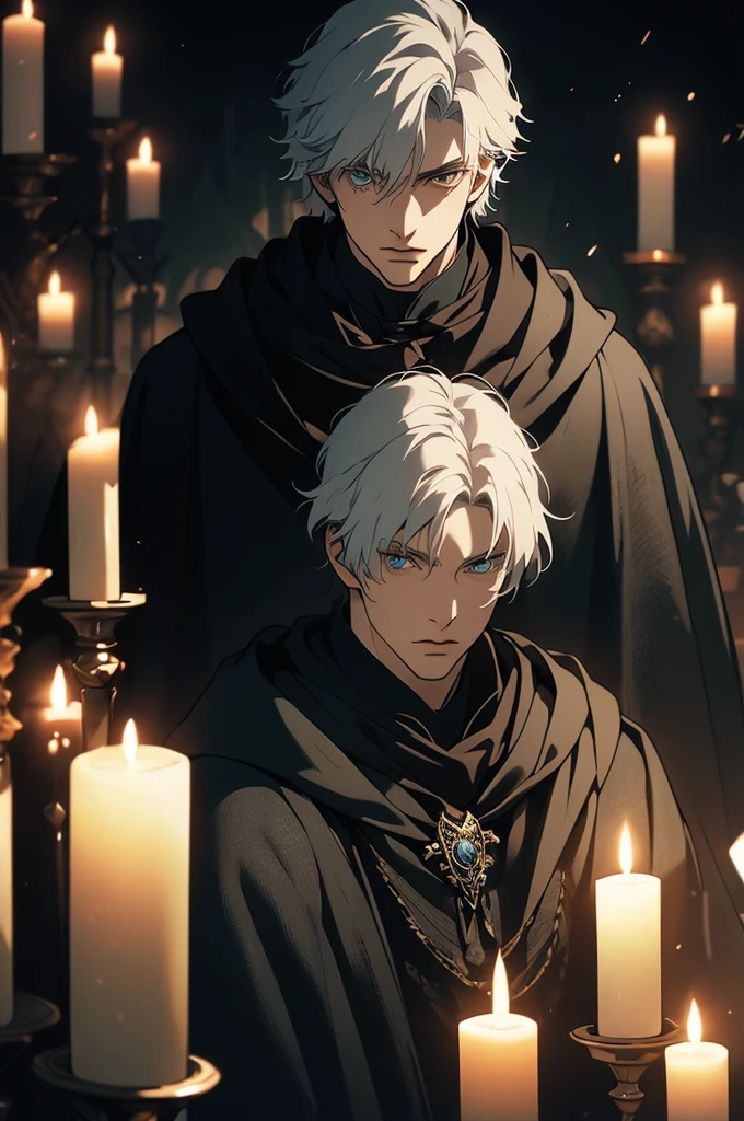 (masterpiece, 32k, 8k) very detailed image, naturally handsome young man, pale skin, shoulder-length silver hair, deep cyan eyes, (beautiful black cloak), image focused on the character's face, character looking fixedly at the viewer, cynical expression, dark background lit by candles