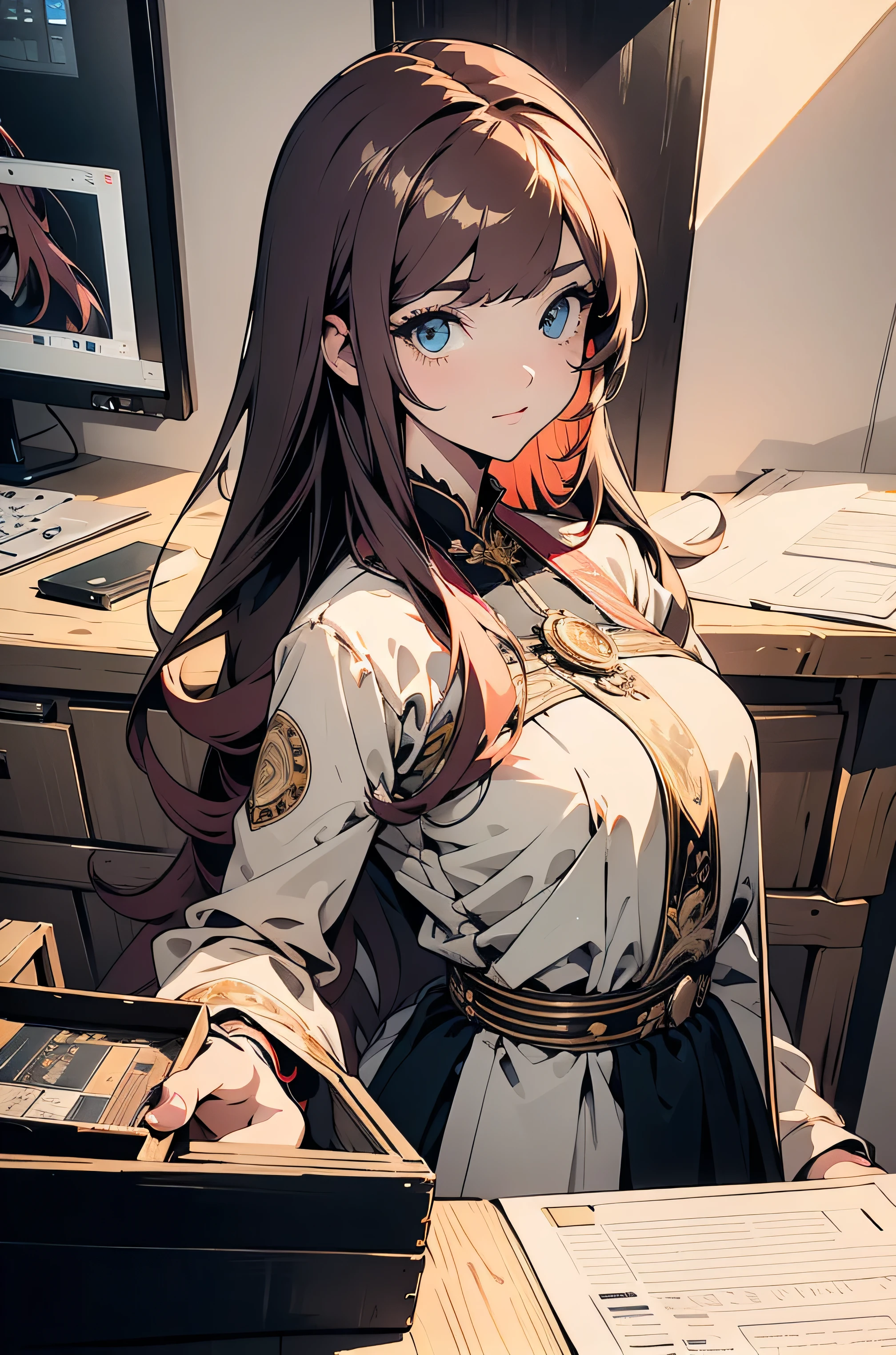 Illustration, UHD, retina, masterpiece, accurate, anatomically correct, super detail, high details, high quality, award winning, best quality, highres, good anatomy, 1080P, HD, 4K, 8k, 16k, 1girl, dynamic pose, upper body potrait, detailed eyes, ((gold eyes)), detailed clothes, detailed hair, rendering, 5 fingers, potrait, Aidalro, cute waifu, BREAK, (long red hair), straight hair, bangs, side bangs, tbcc illustration, nijijourneyV51 