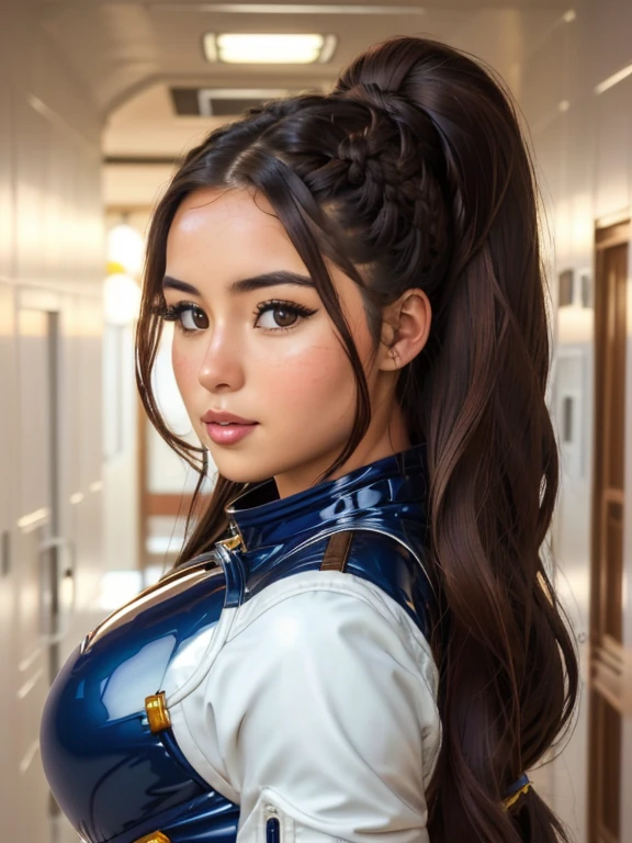 portrait of a beautiful brunette Christina Chong beautiful face, narrowed eyes. smirk. black braided hair as an astronaut, hair in tight updo, d3m1r0s3,  (wearing spacesuit:1.2), in a space station hallway,,,, hard shadows, masterpiece, intricate details,  