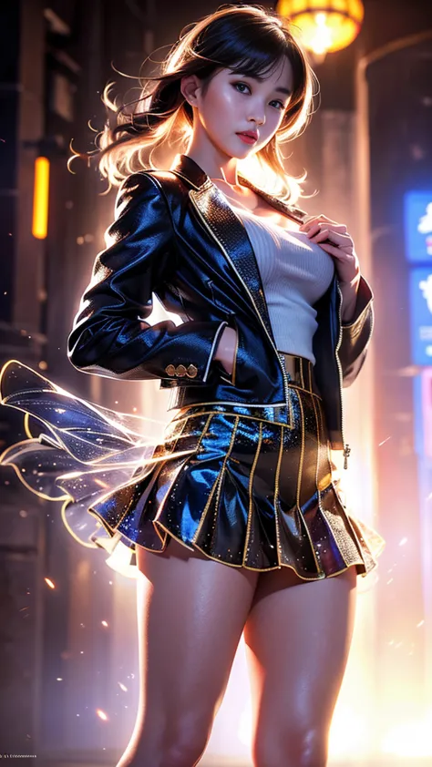 a woman in a short skirt and jacket posing for a photo., cyberpunk art by raymond han, trends in cg society, digital art, chines...