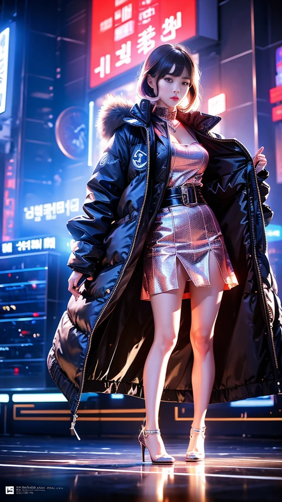 A woman in a short skirt and jacket posing for a photo., cyberpunk art by Raymond Han, Trends in CG society, Digital art, Chinese woman, korean girl, beautiful asian woman, asian woman, young asian girl, attractive girl, beautiful asian woman, korean woman, Chinese woman, beautiful south korean woman, gorgeous young korean woman, beautiful young korean woman, asian woman