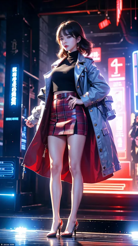 a woman in a short skirt and jacket posing for a photo., cyberpunk art by raymond han, trends in cg society, digital art, chines...