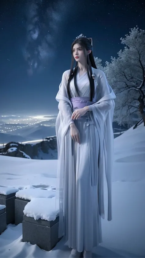 under the starry moonlight in the night sky，a girl in ancient costume stands alone on the top of a snowy mountain，it's like a be...