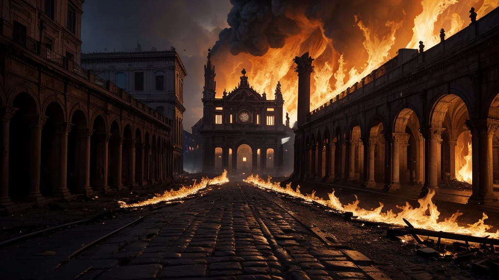 Old Rome, Midnight, dramatic,in the dark,dark, burning cathedral in the distance, Create a high-resolution digital painting of a street in the old rome with a burning cathedral in rome illuminated by the intense flames engulfing dimly the scene The background features the crumbling arches and shattered stained glass windows of the cathedral, all consumed by fire. The overall atmosphere is dark, chaotic, and anticlimactic with vivid details of the burning inferno heavy use of dramatic lighting and bold contrasts