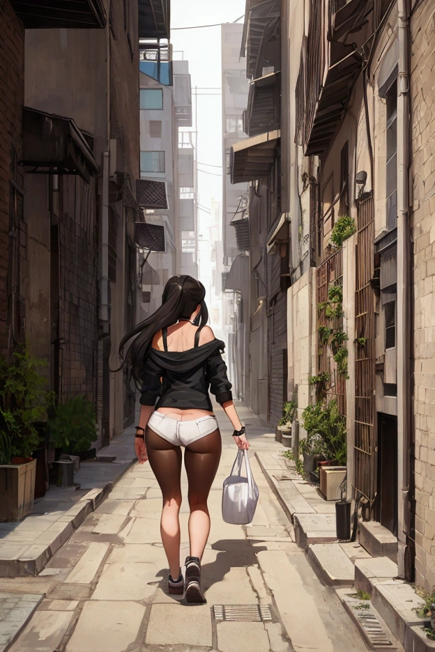 teenage girl walking away, big ass, big breasts, Background, narrow passage, buildings on the sides, small trees on the sides, dusty street, (angle: 1:5, directly behind the girl