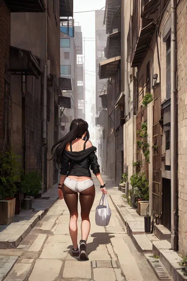 teenage girl walking away, big ass, big breasts, background, narrow passage, buildings on the sides, small trees on the sides, d...