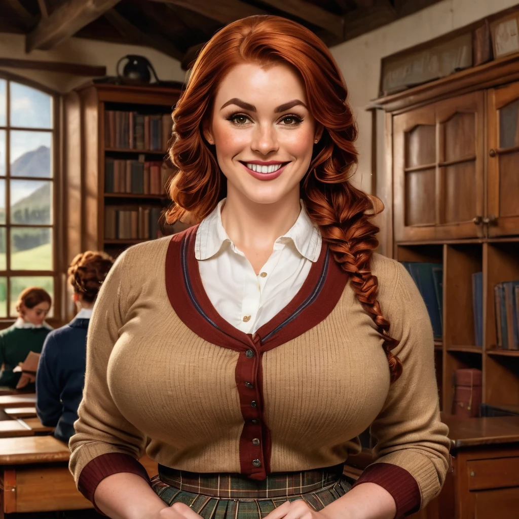 (photorealistic) a beautiful 30-year- old Scottish woman teaching in a vintage classroom, She has brownish-red hair, hair gathered up. light skin and freckles. (black eyebrows:0.8), high cheekbones, brown eyes, downturned eyes. (smile:0.8), (voluptuous), (massive breasts), sagging breasts. She is wearing a tweed skirt and a cardigan. (highly detailed, intrixate, best quality, 16K), (masterpiece), UHD, 