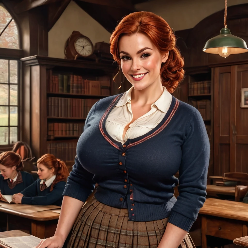 (photorealistic) a beautiful 30-year- old Scottish woman teaching in a vintage classroom, She has brownish-red hair, hair gathered up. light skin and freckles. (black eyebrows:0.8), high cheekbones, brown eyes, downturned eyes. (smile:0.8), (voluptuous), (massive breasts), sagging breasts. She is wearing a tweed skirt and a cardigan. (highly detailed, intrixate, best quality, 16K), (masterpiece), UHD, 