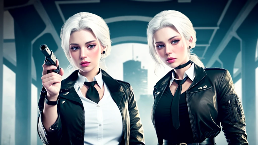 1 girl, Close-up shot, (white hair, medium hair, big breasts, conjunctivitis), perfect anatomy, city, cyberpunk style, ((white shirt, black jacket, black skirt, navel, belt, black gloves, necktie, watch, earring, see through black leggings)), ((Hold the gun.)), war, ruined city, battlefield, Rubble, building,cigarette