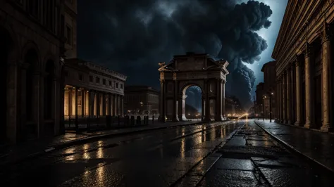 old rome, midnight, dramatic,in the dark, dark, burning cathedral in the distance, create a high-resolution digital painting of ...