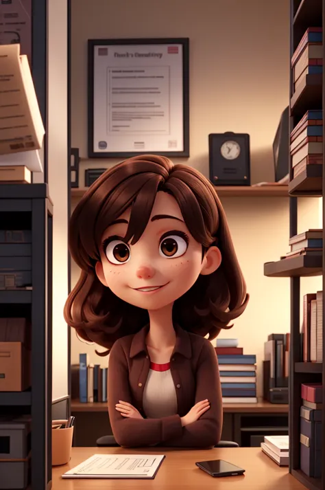 a young woman alone with dark loose hair, brown eyes in the office