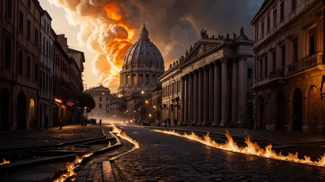 old rome, midnight, dramatic,in the dark, dark, burning cathedral in the distance, create a high-resolution digital painting of ...