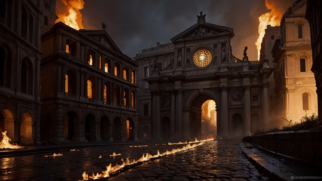 Old Rome, Midnight, dramatic,in the dark, dark, burning cathedral in the distance, Create a high-resolution digital painting of a street in the ancient rome with a burning cathedral in rome illuminated by the intense flames engulfing dimly the scene The background features the crumbling arches and shattered stained glass windows of the cathedral, all consumed by fire. The overall atmosphere is dark, chaotic, and anticlimactic with vivid details of the burning inferno heavy use of dramatic lighting and bold contrasts, Ancient rome, 313 d.C