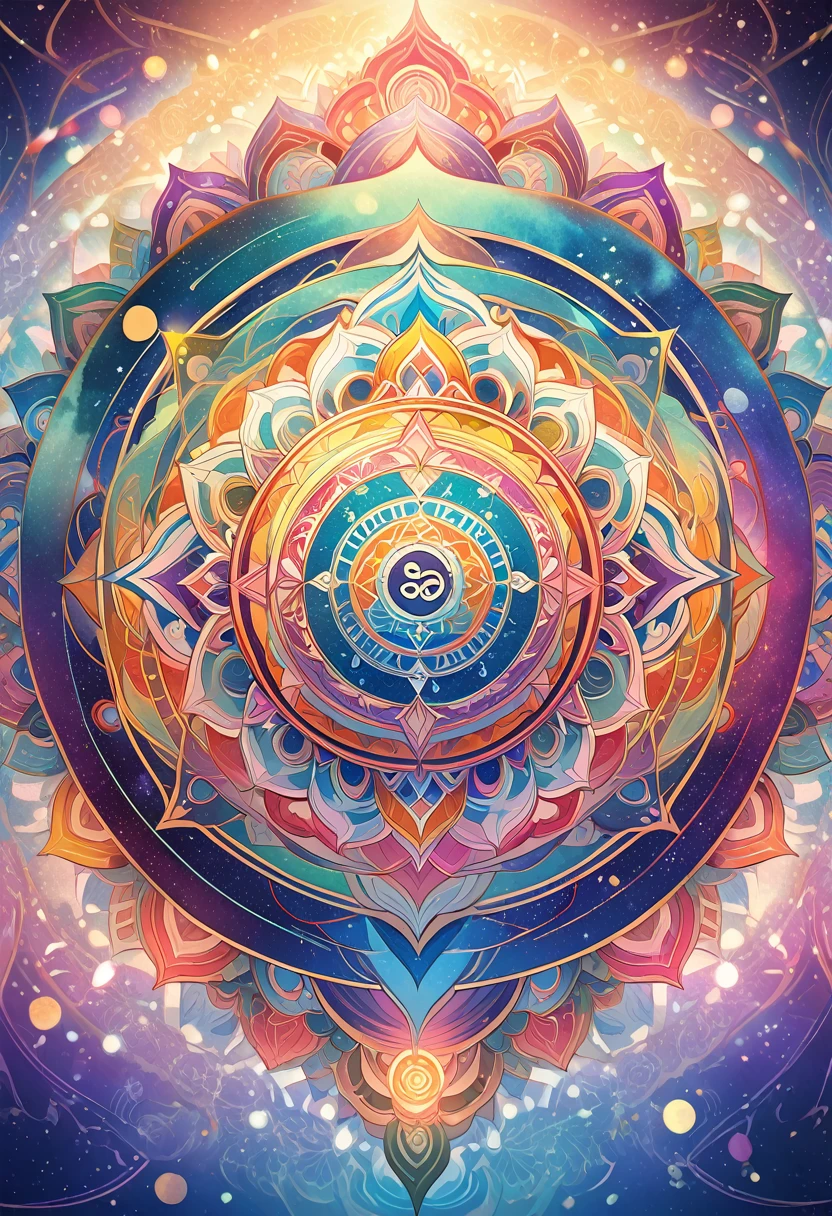 A vivid and intricate mandala at the center of the composition, symbolizing the cosmos and spiritual unity. The mandala features concentric circles, geometric patterns, and sacred symbols such as the lotus, Om, and the Dharma wheel, radiating outwards with a sense of divine balance and harmony. Surrounding the mandala, ethereal colors blend and swirl in a celestial dance, with delicate details and a serene atmosphere. The artwork should be rendered in 8K resolution with high detail, incorporating a mix of vibrant hues and subtle bokeh effects to enhance the mystical and transcendental quality of the mandala.