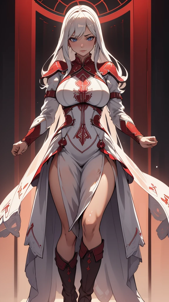 PGR;Lucia,(Crimson weave),(dynamic fighting pose),(leather boots,(asymmetrical),(long embroidered white lace dress,see through,lift up the hem of the dress)),(Crimson weave hairstyle),(Thin type:1.8),(large breasts),(Highest image quality,(8K), Ultra-realistic, Best Quality, High quality, High Definition, high quality texture, high detailing, Beautiful detailed, fine detailed, extremely details CG, Detailed texture, realistic representation of face, masterpiece, presence)