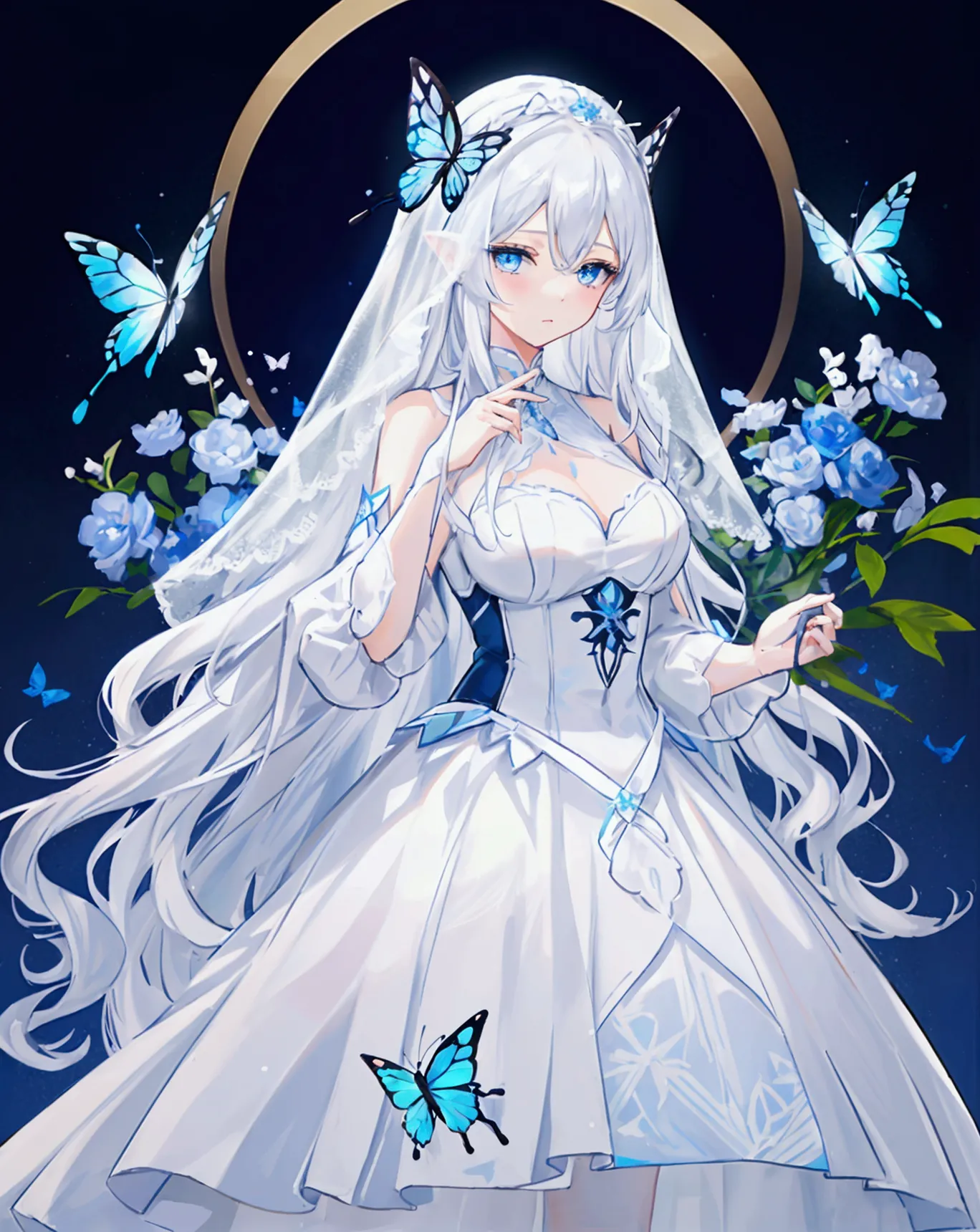 a woman with white hair and blue eyes、adult、long and wavy hairstyle、white veil、dress、butterfly on finger々is stuck、blue butterfly...