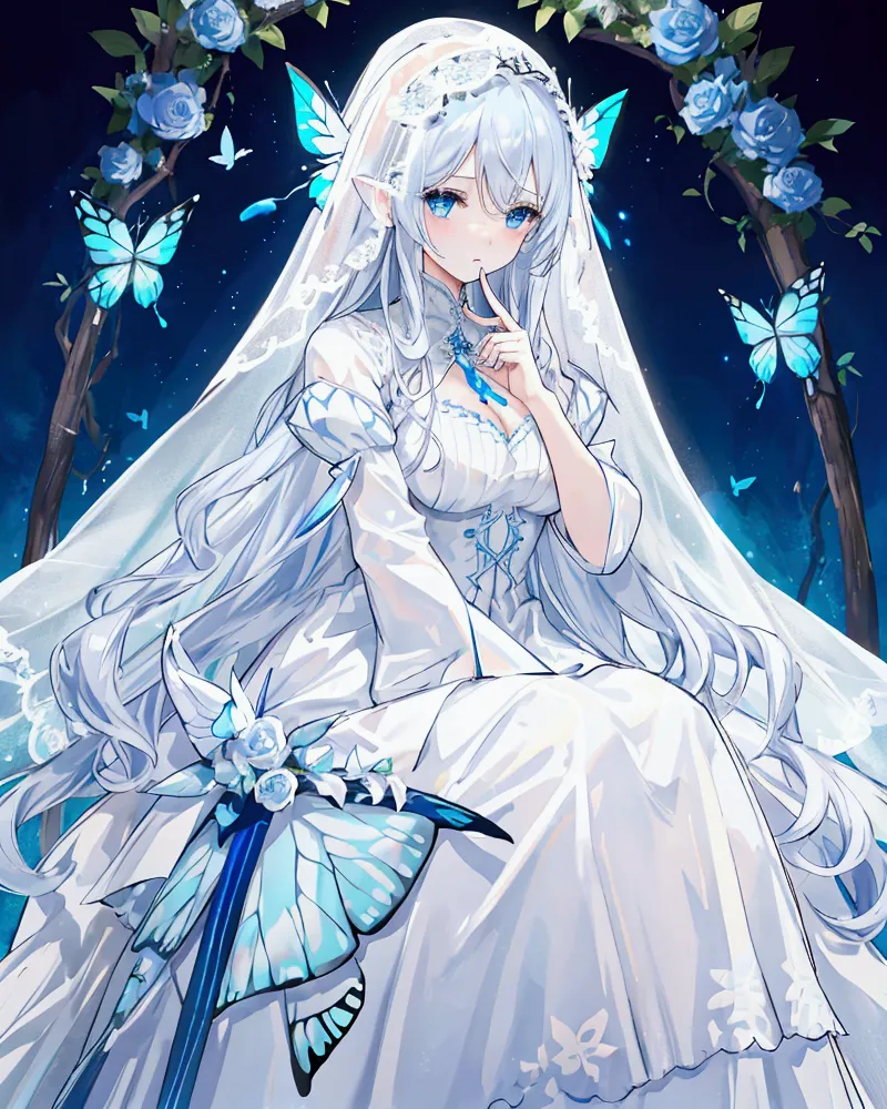 a woman with white hair and blue eyes、adult、long and wavy hairstyle、white veil、dress、butterfly on finger々is stuck、blue butterfly...