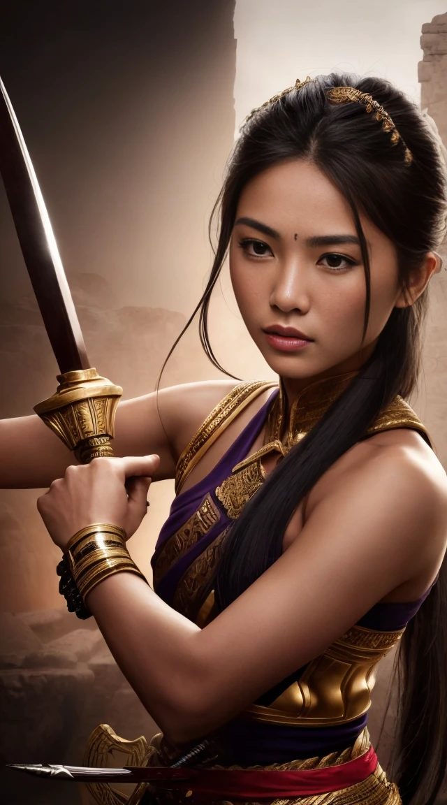 Create a photo of an ancient Thai female warrior around 30 years old, with beautiful and intense facial features, holding a traditional Thai sword. She is engaged in fierce combat on an ancient Thai battlefield, surrounded by many warriors fighting and many injured or fallen. The scene is strong and intense, capturing the power and ferocity of the warrior