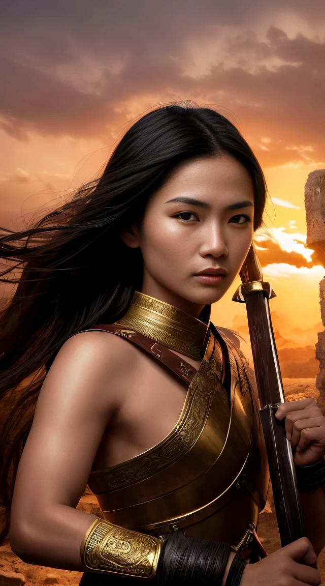 Create a photo of an ancient Thai female warrior around 30 years old, with beautiful and intense facial features, holding a traditional Thai sword. She is engaged in fierce combat on an ancient Thai battlefield, surrounded by many warriors fighting and many injured or fallen. The scene is strong and intense, capturing the power and ferocity of the warrior