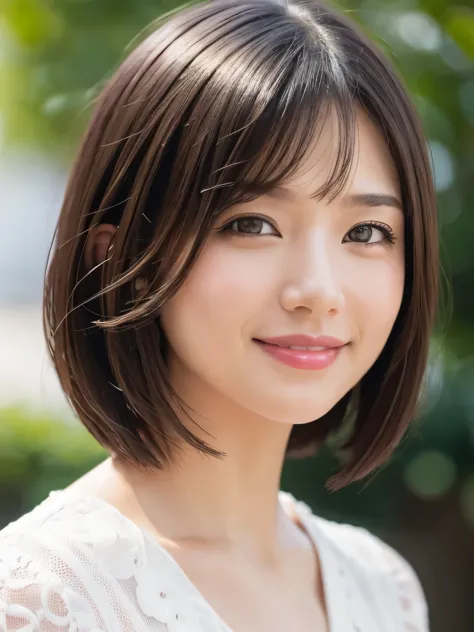 one-length bob cut hair, light smile, first-person view, close-up, very beautiful id photo, uhd, anatomically correct, super det...