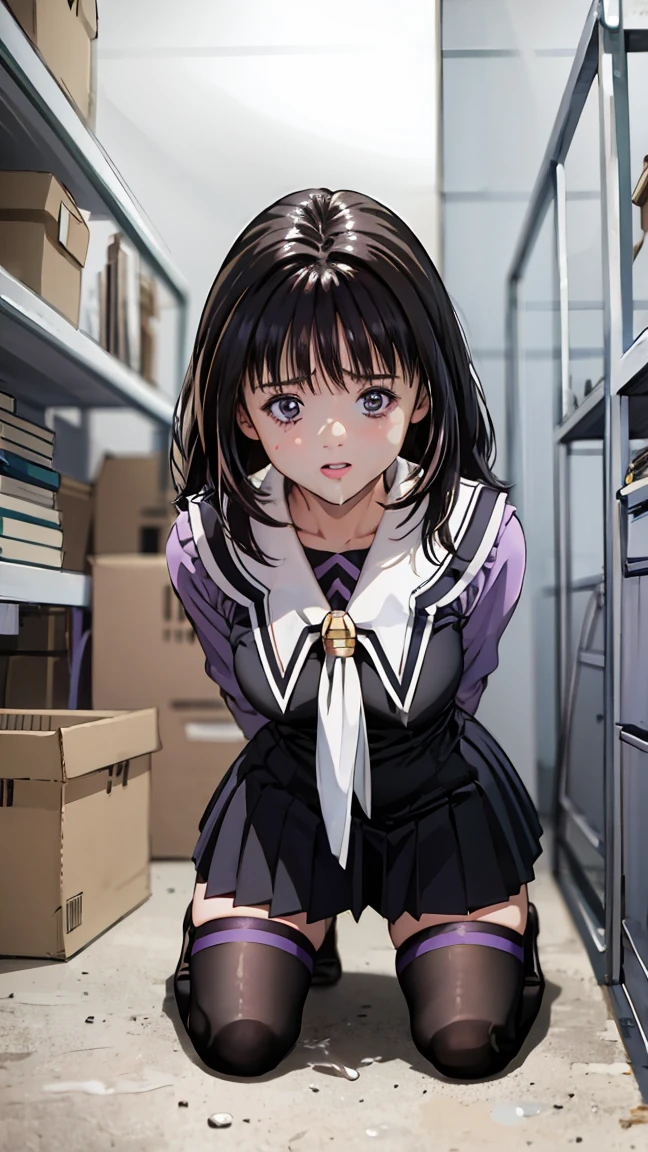 (High resolution),(High resolution),(High resolution),(8k),Yoshizuki_Iori、School_uniform_purple_shirt_green_skirt_white_neckerchief_black_Knee socks、In the storeroom、Kneel、Sperm on face、Lots of sperm、