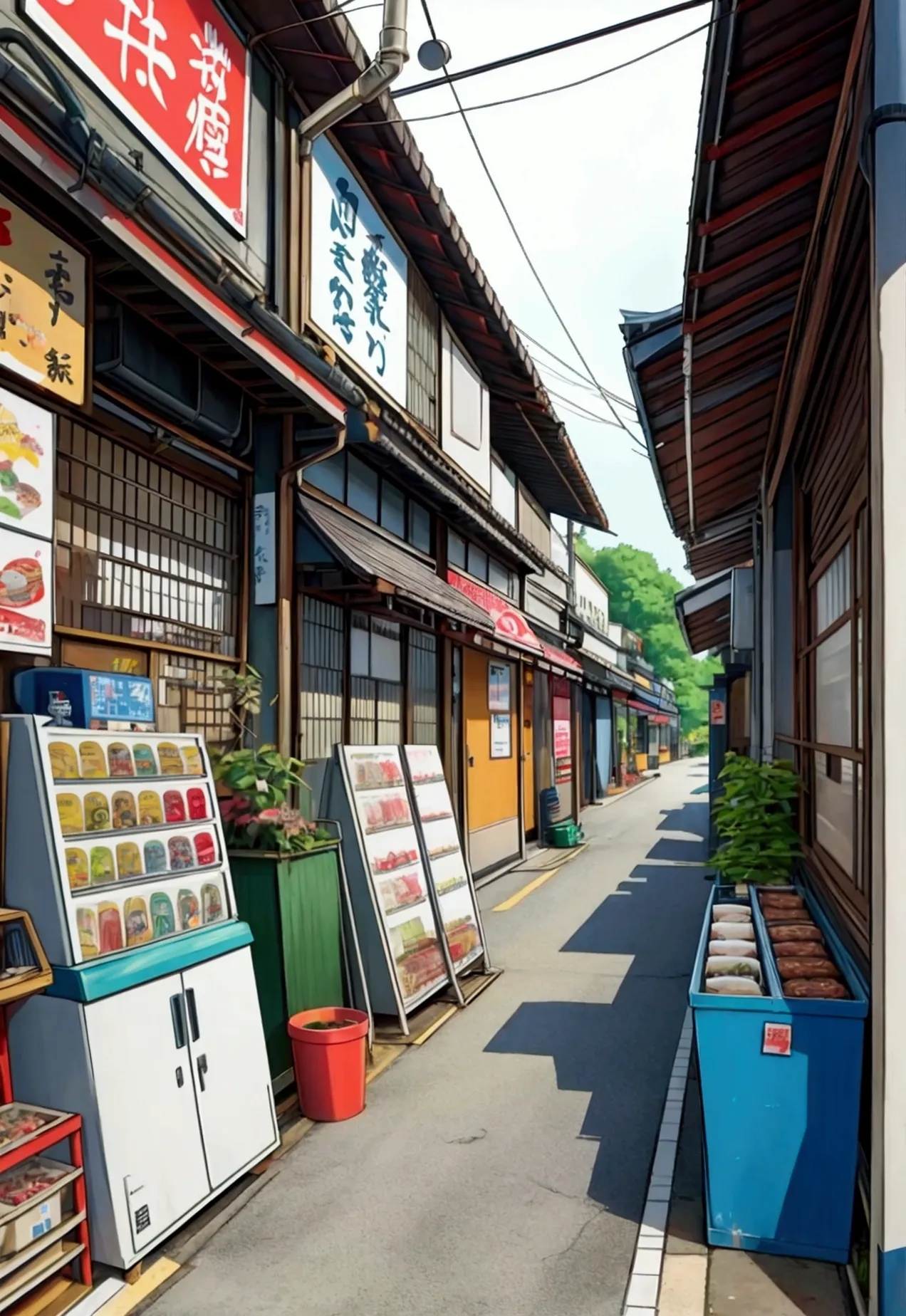 พื้นหลังanime, empty, compact japanese city streets. anime, anime style. vending machine, rubbish bin, plant pot, pipeระบายน้ำ, ...